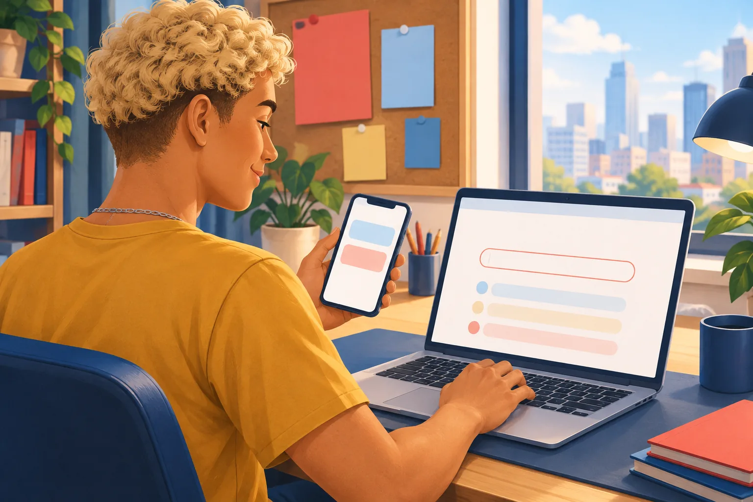 Young man at a bright desk pasting a link from a chat on his phone into a search bar on his laptop
