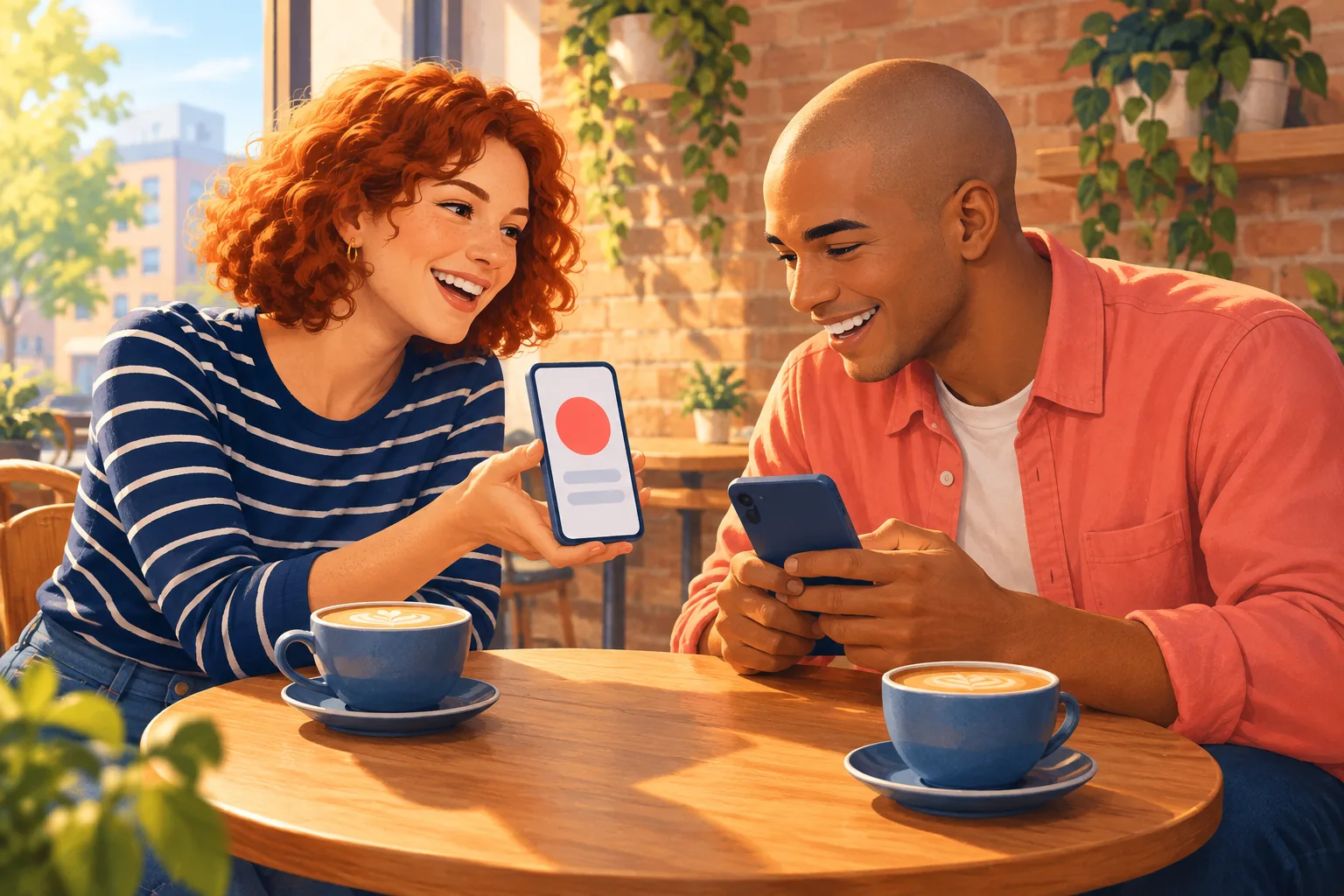 Two friends laughing at a cafe table as one shows her channel profile on her phone and the other types it in