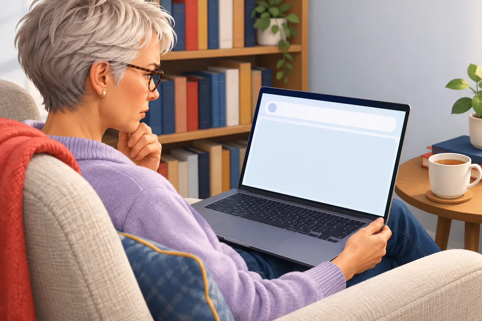 Older woman in a reading chair frowning in confusion at a nearly empty search results screen on her laptop