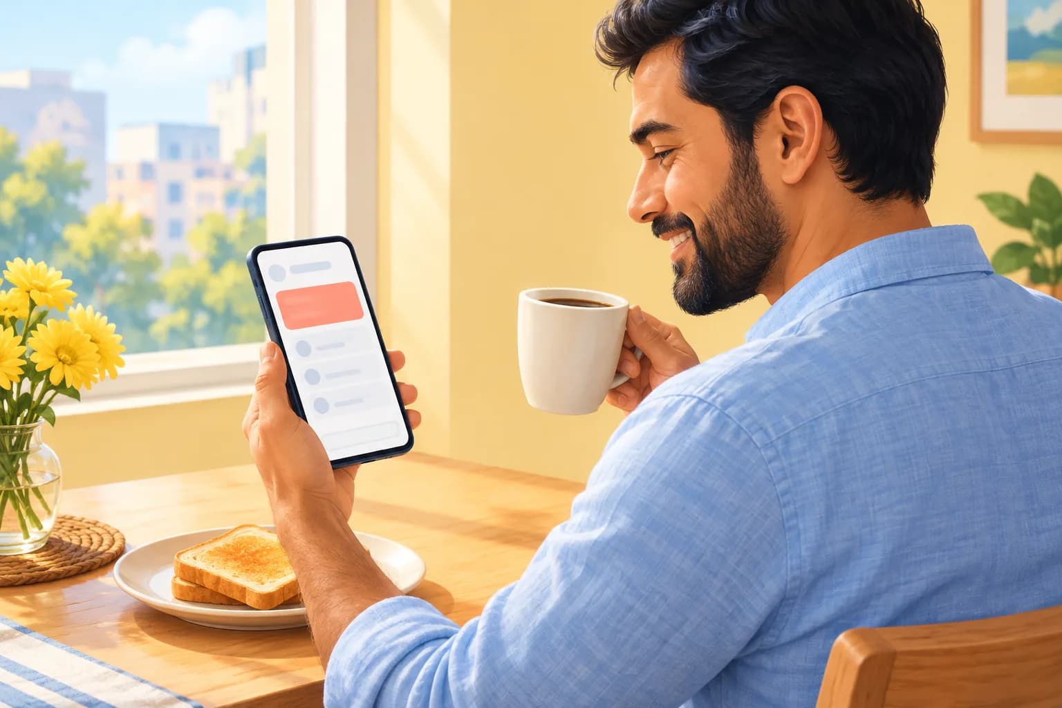 Man at a sunny breakfast table smiling at a new-upload email on his phone, coffee in his other hand