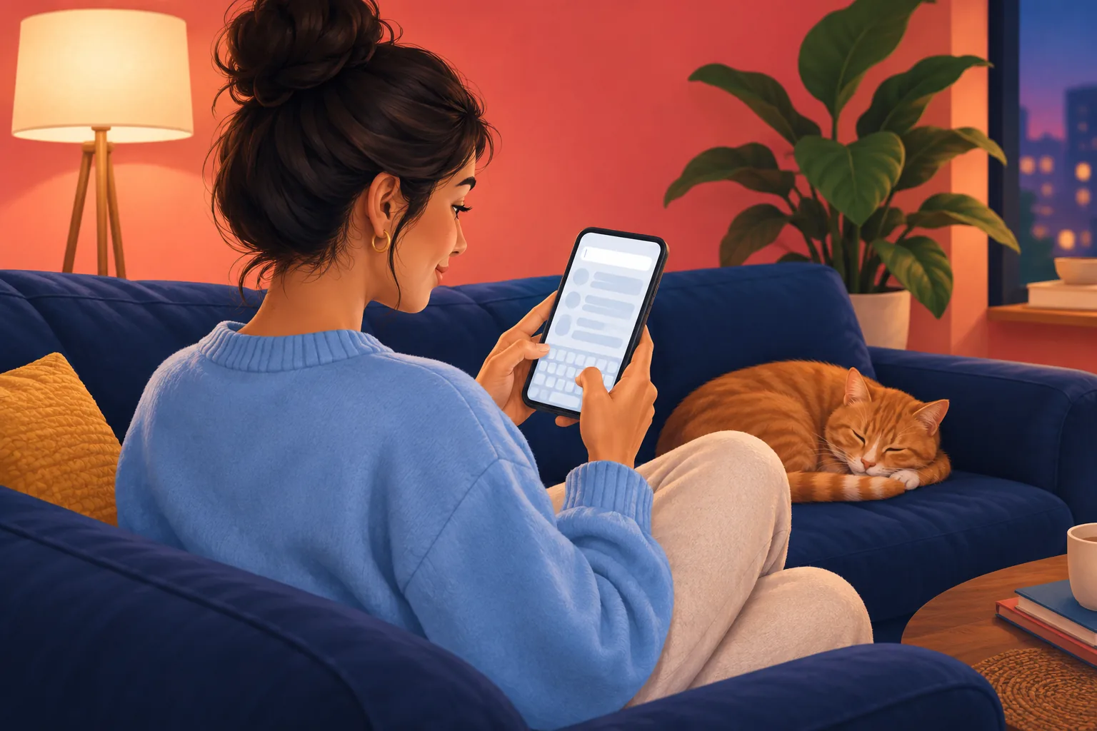 Woman on a sofa at night typing a channel name into the search bar on her phone, a cat asleep beside her