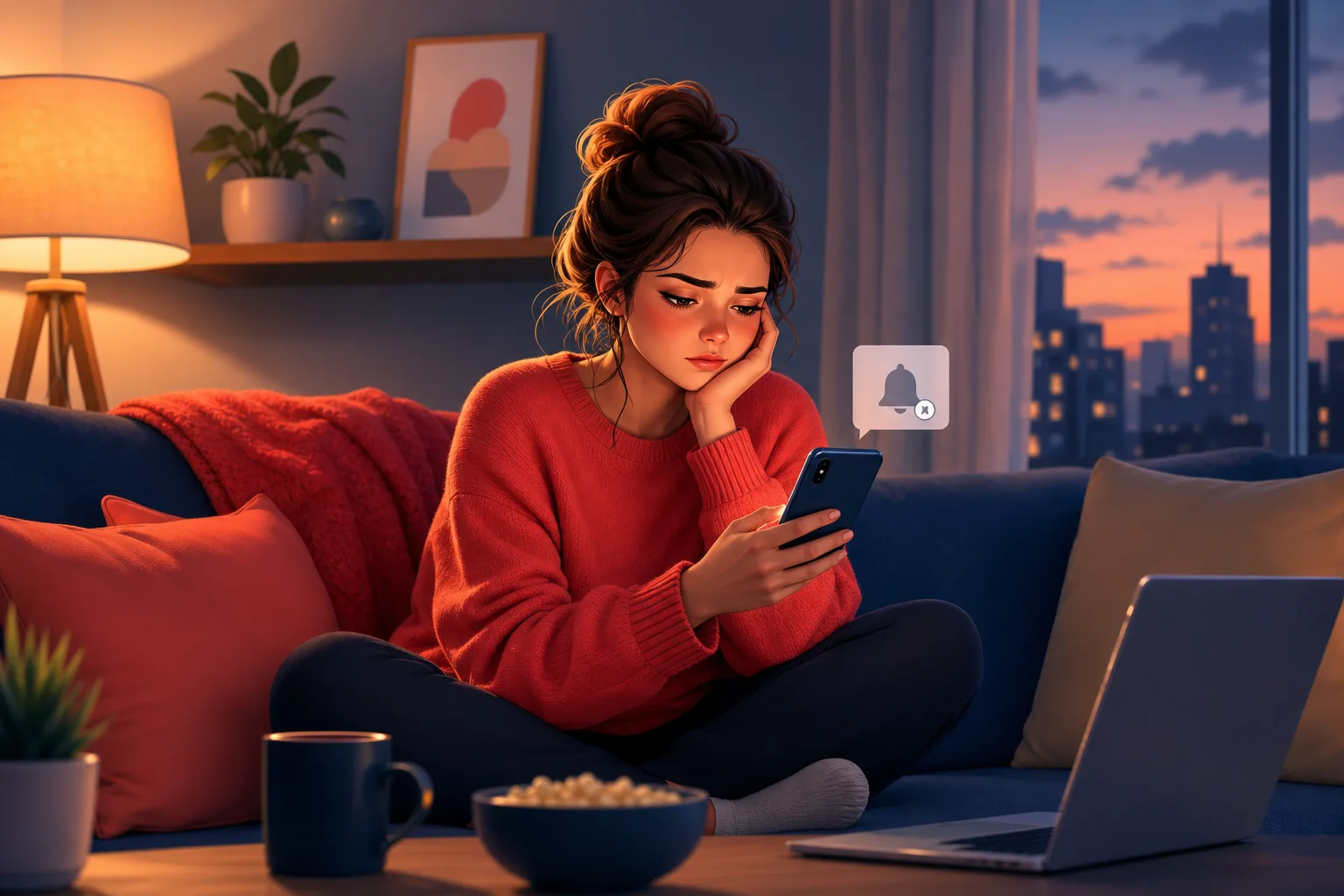 Person on a couch looking a little annoyed at a phone that keeps buzzing while videos still slip past
