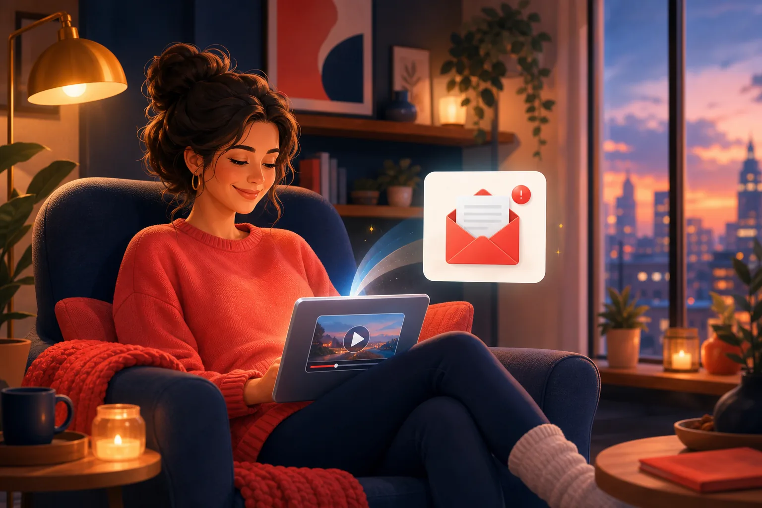 Relaxed woman in an armchair smiling as a single clean upload-alert email arrives on her tablet