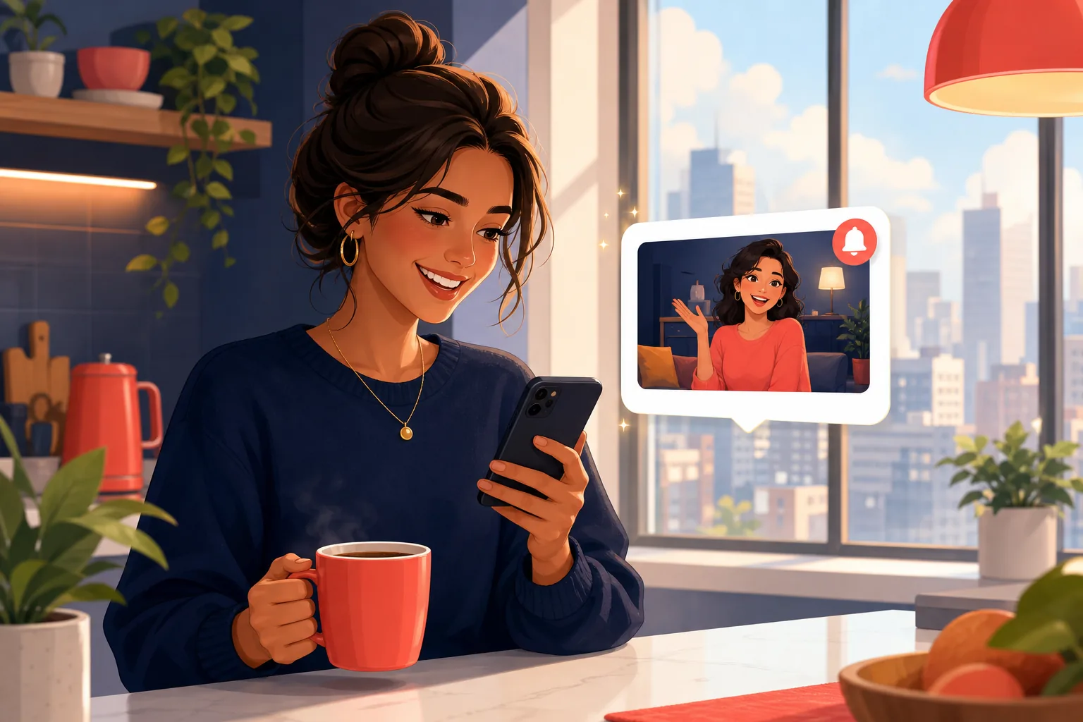 Woman at a kitchen counter checking a new-video email on her phone while out and about, no app open