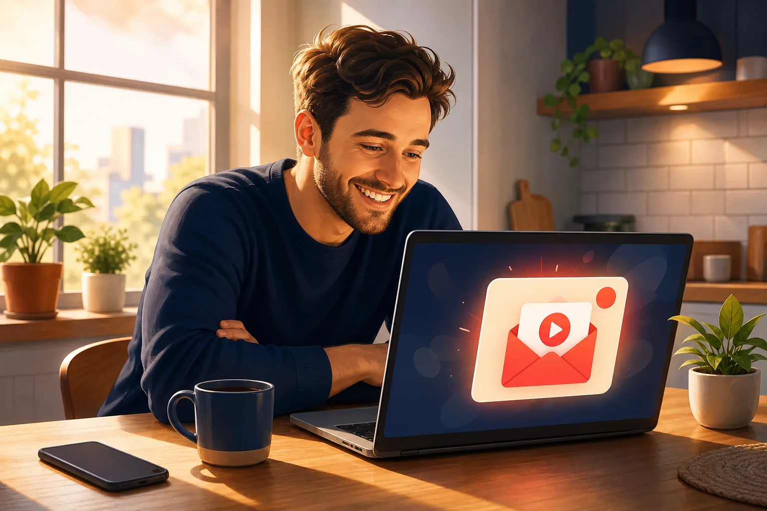 Man at a kitchen table with the YouTube app closed, smiling at an upload email on his laptop