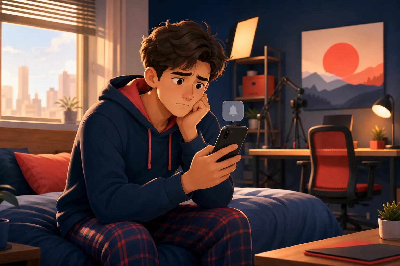 Young man in his bedroom in the morning looking disappointed that a notification never came