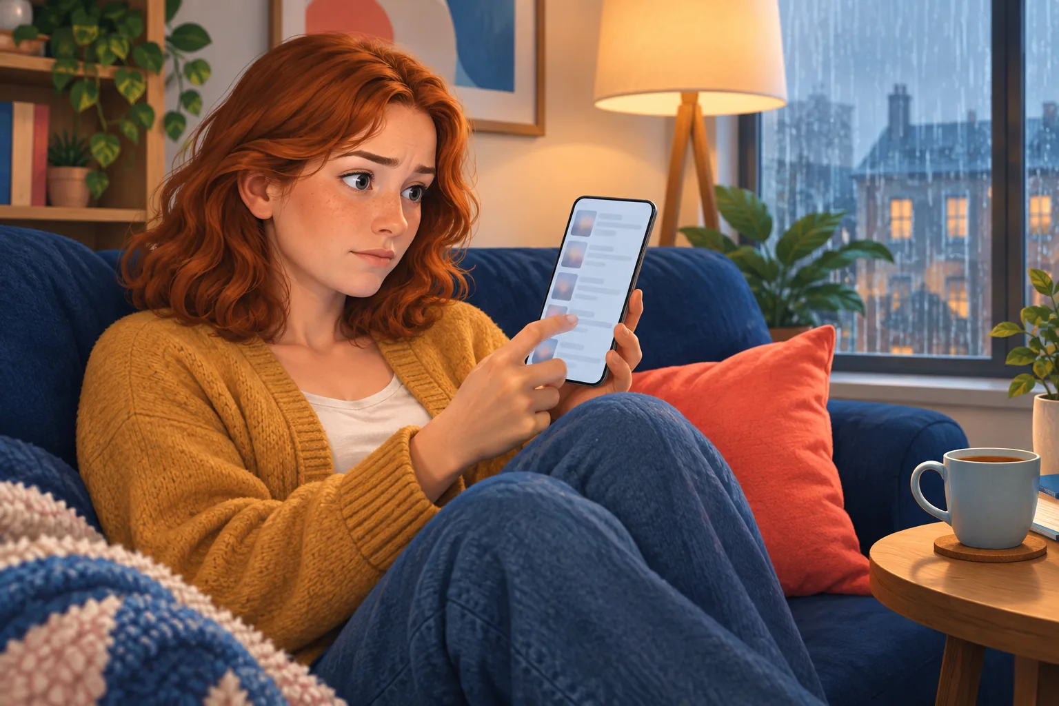 Woman on a sofa scrolling a long list of videos on her phone with a slightly overwhelmed look