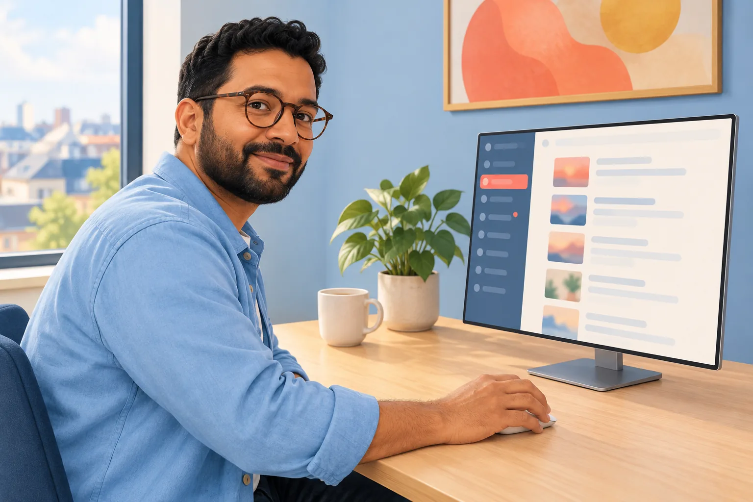 Smiling man at his home desk with a feed reader open on his monitor, one hand on the mouse