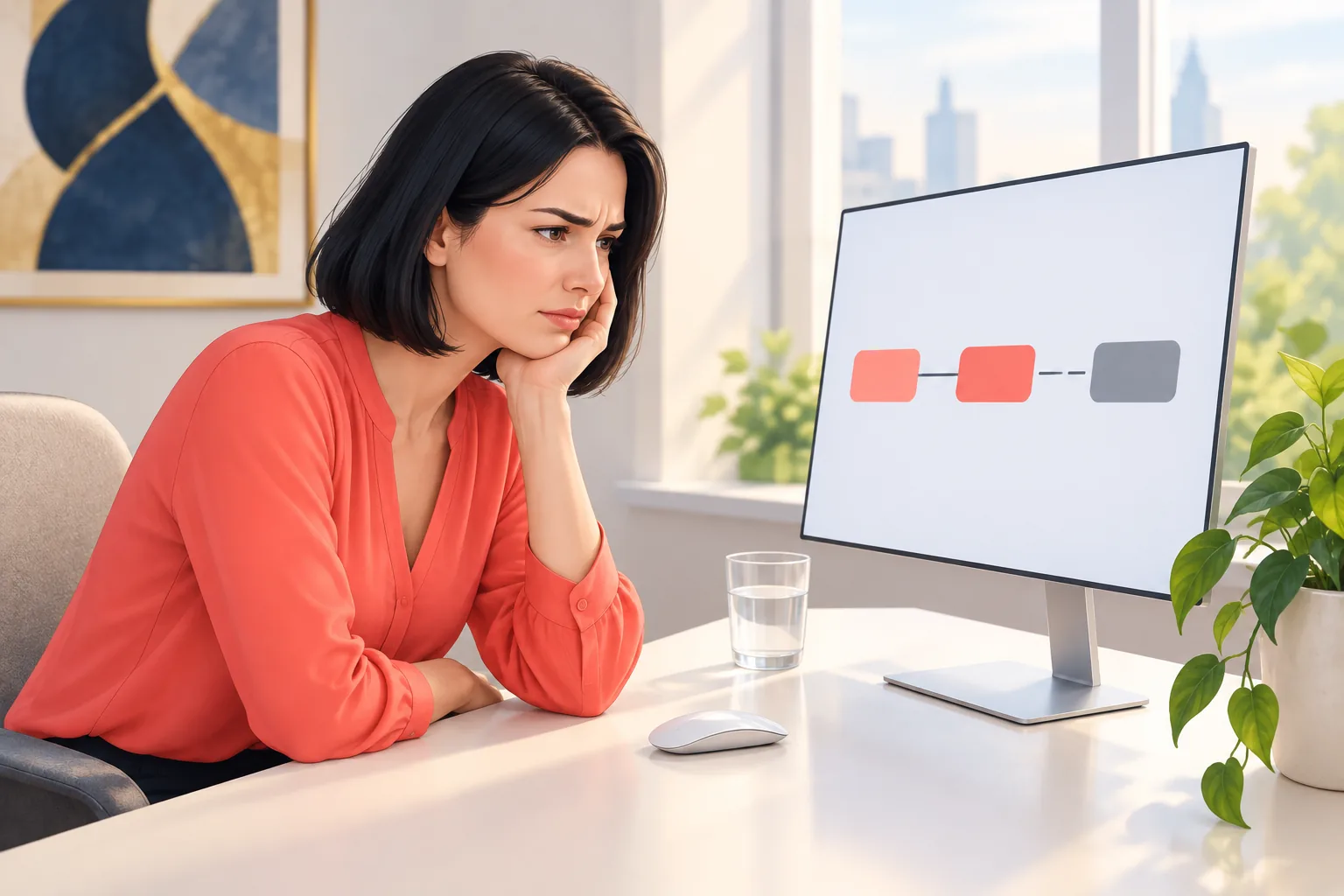 Woman at a desk frowning at a simple automation flow on her monitor where the last step has gone grey