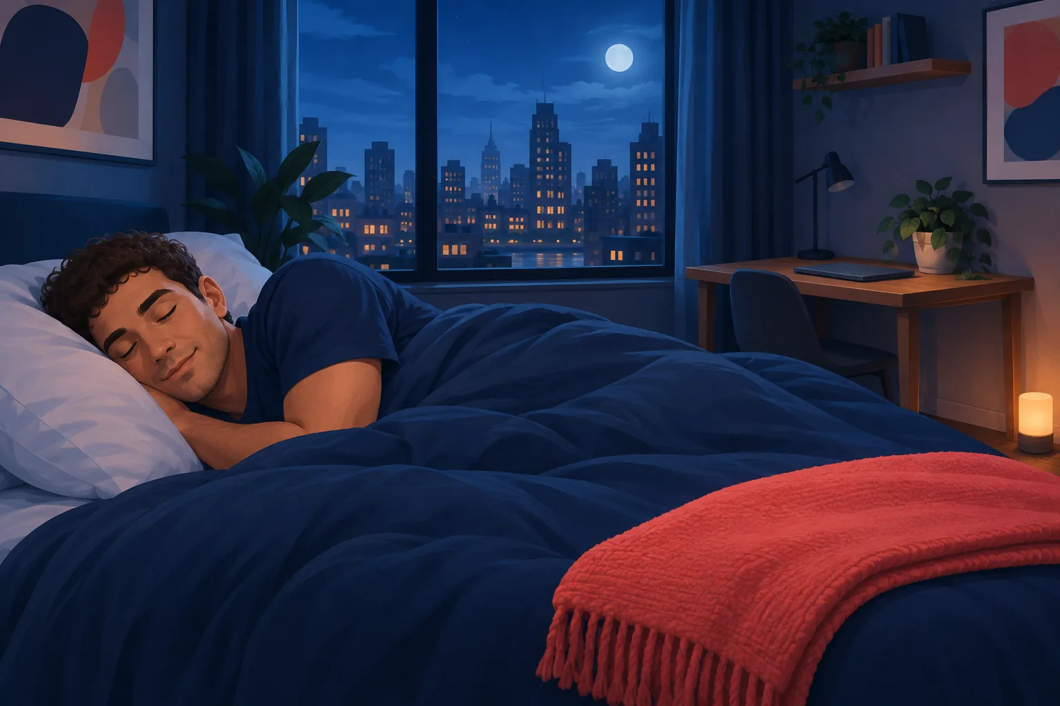 Man asleep in bed at night while his closed laptop sits on the desk across the room
