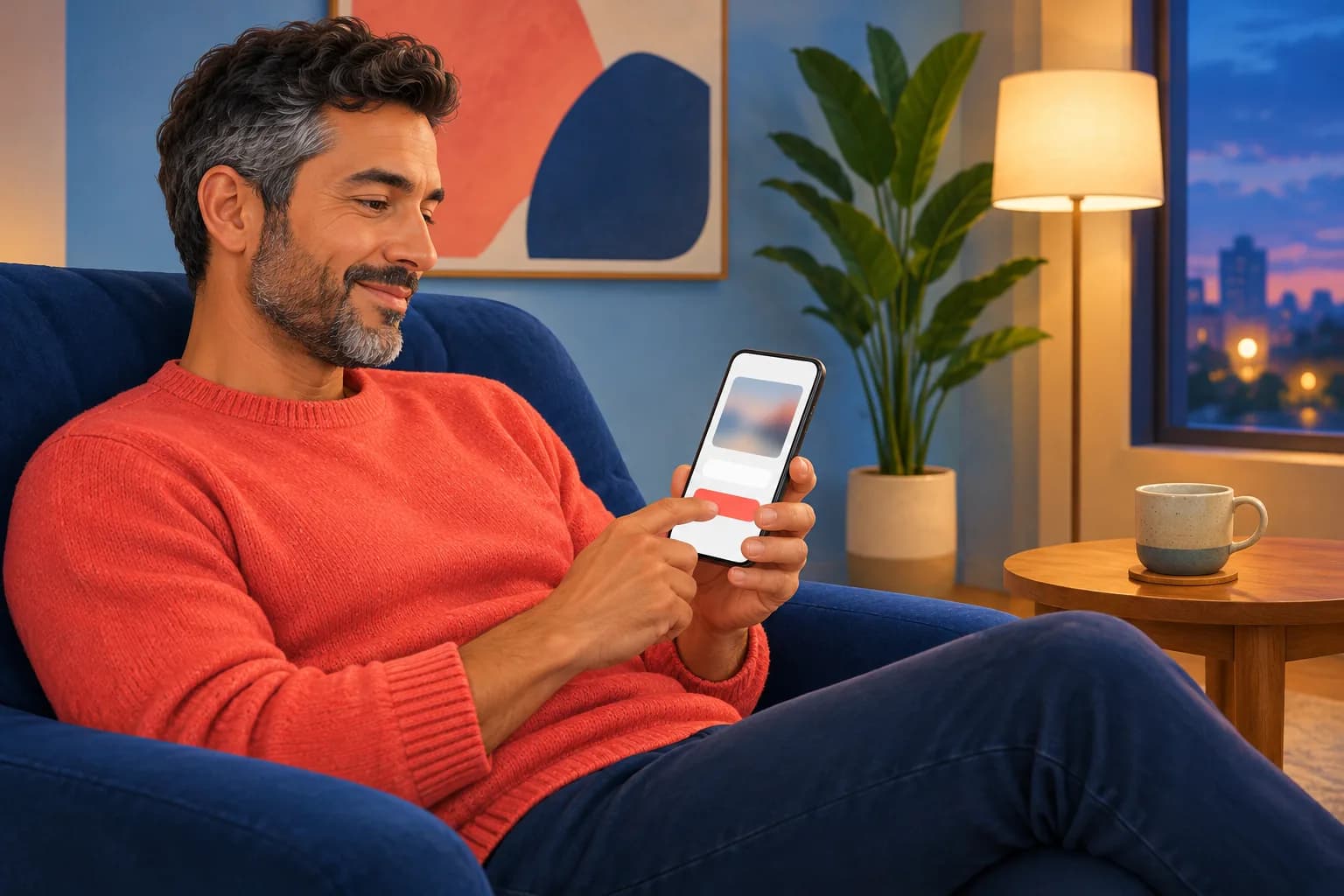 Relaxed man in an armchair typing his email into a simple signup form on his phone