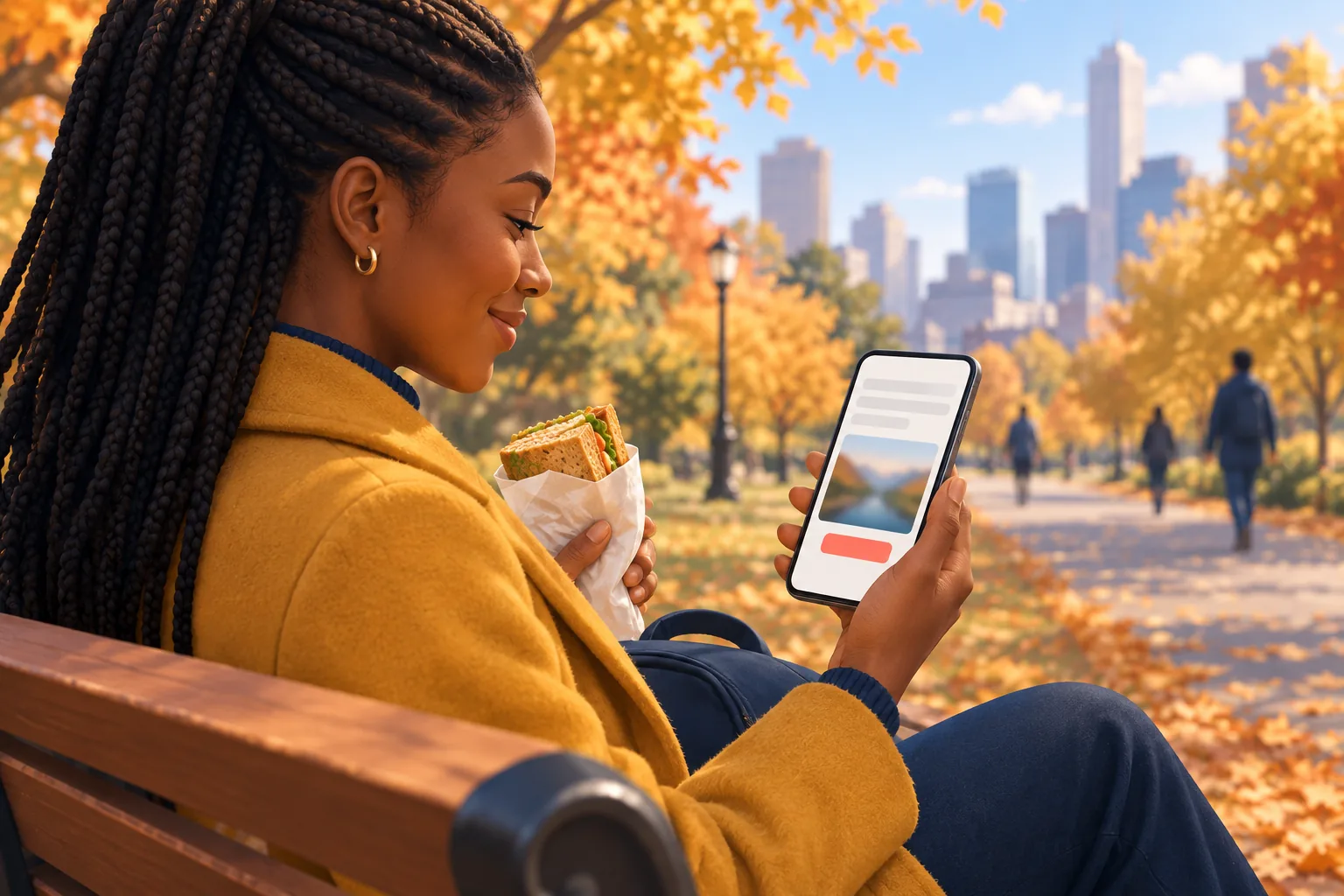 Woman on a park bench at lunch smiling as she opens a new-video email on her phone