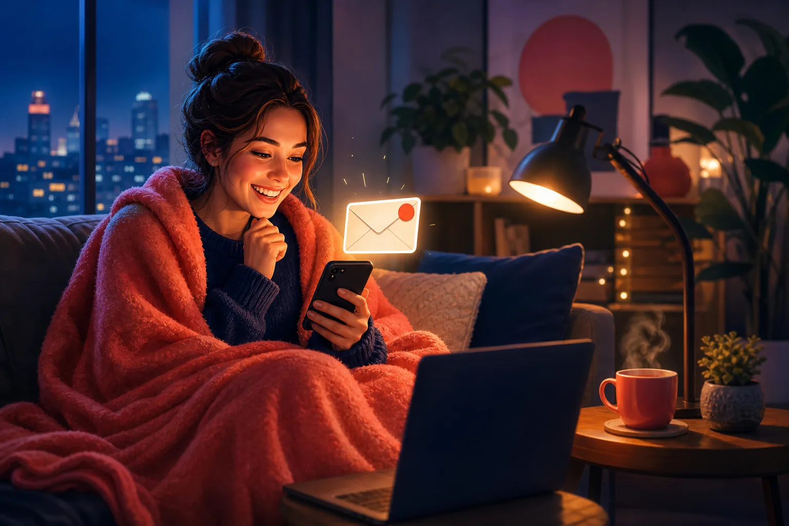 Woman on a couch at night smiling as an upload-alert email arrives on her phone