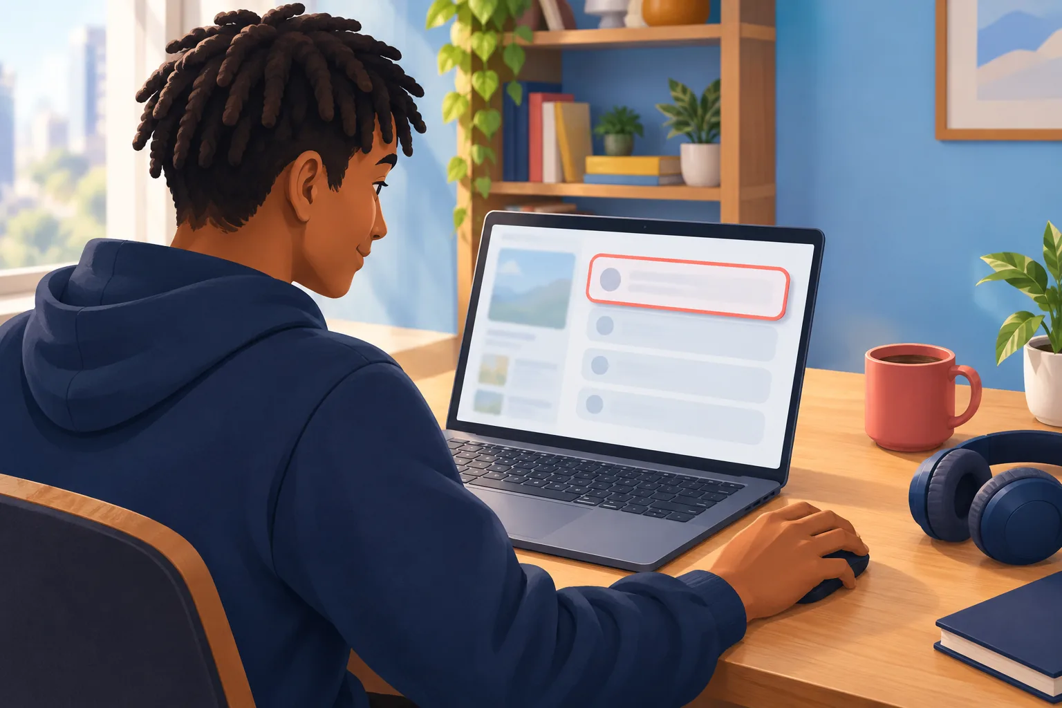Young man at a home office desk pinning a comment on his video from a laptop, calm and focused with a mug beside him