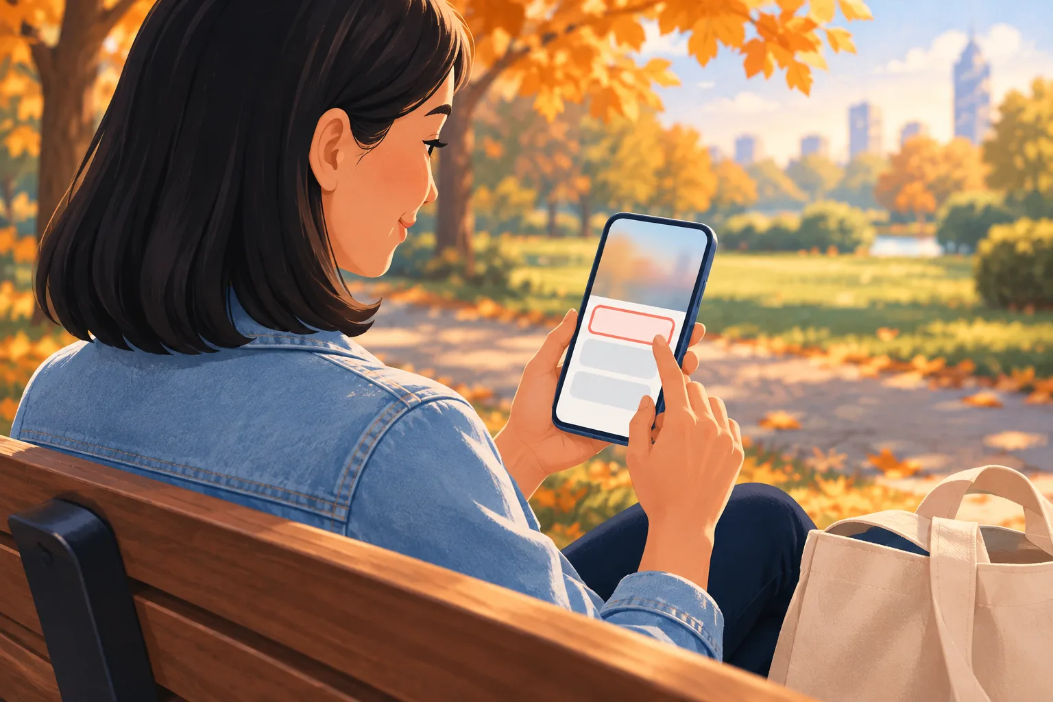 Woman on a park bench pinning a comment on her latest video from her phone, smiling as she taps through the comments