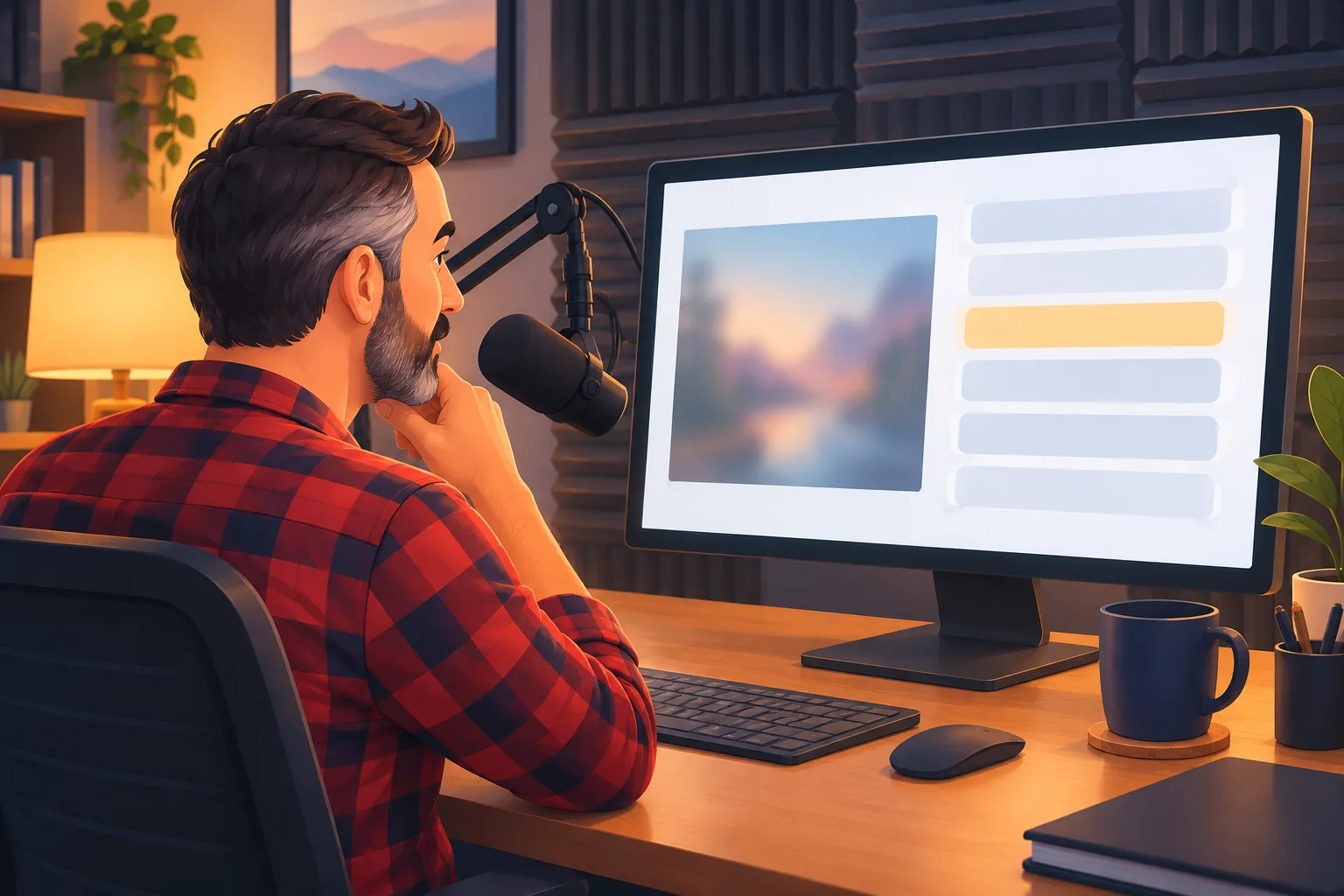 Creator in a cozy filming room reviewing one video's comments on a large monitor, chin in hand, choosing which to pin