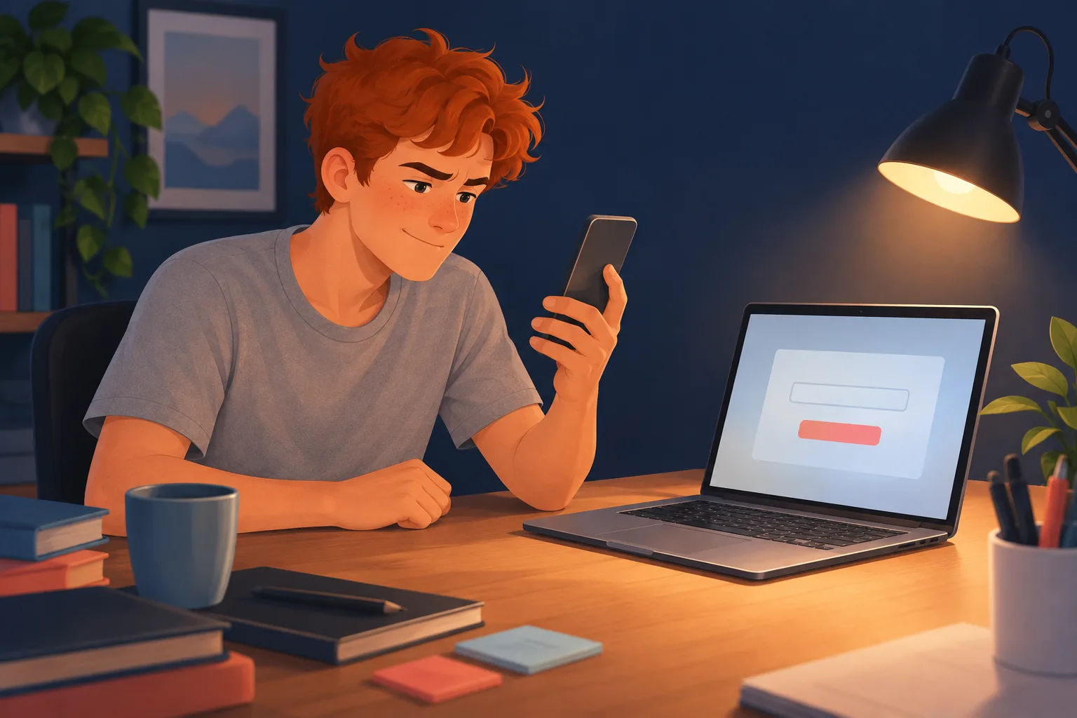 Young creator at his desk at night waiting on a phone verification code, his laptop open beside him