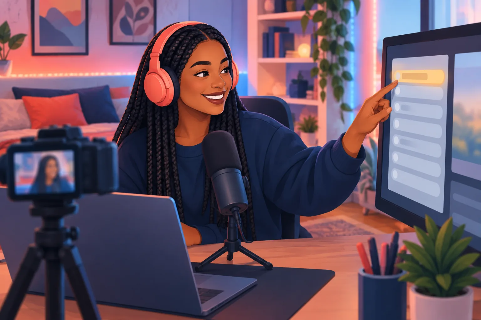 Smiling creator live streaming from her bedroom studio, pointing at the chat on a second screen to pin a fan's message