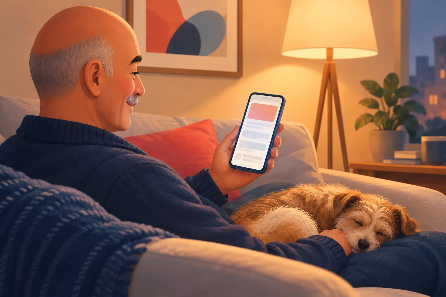 Man on his sofa in the evening smiling at his phone as an email about a new upload from his favorite creator arrives