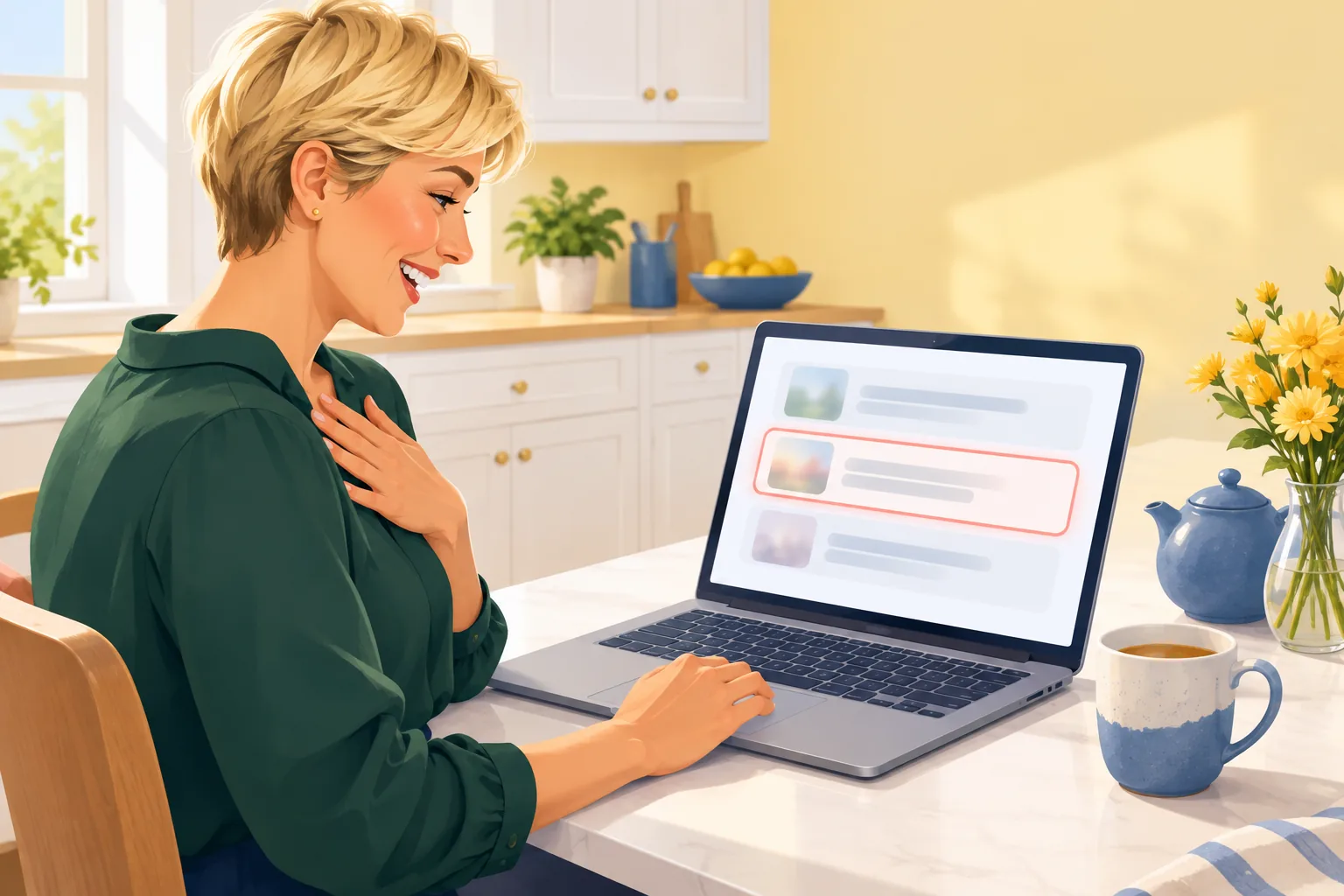 Creator at a kitchen table laughing as she reads a fan's kind comment on her laptop, deciding to pin it to the top