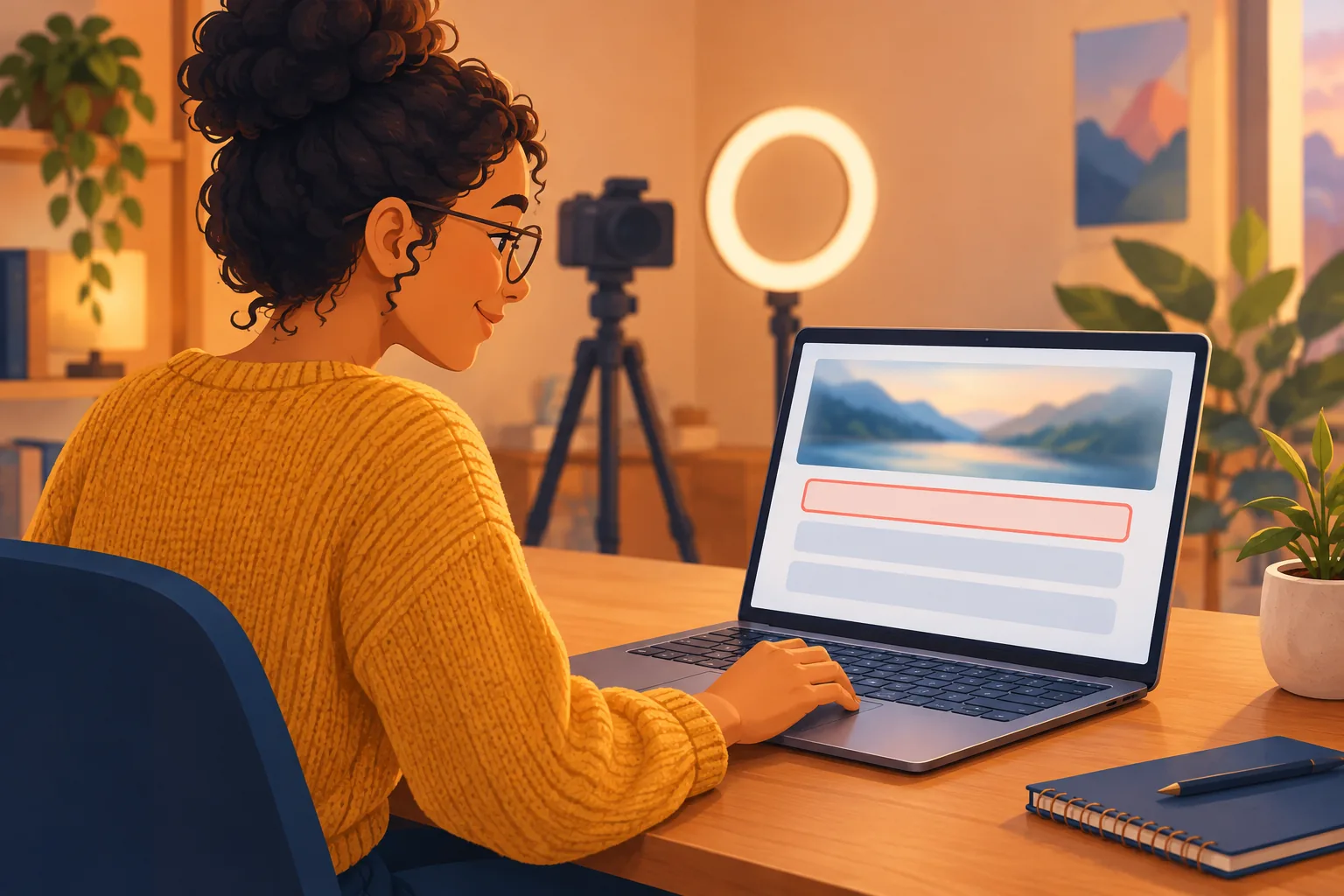 Creator at her desk pinning a comment under her new YouTube video on a laptop, a camera and ring light behind her