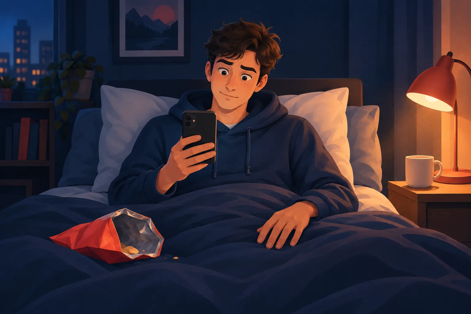 Young man in bed late at night raising his eyebrows at the strange videos on his phone