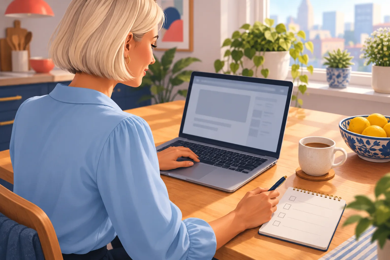 Woman at a sunny kitchen table ticking off a checklist while clearing her history on her laptop