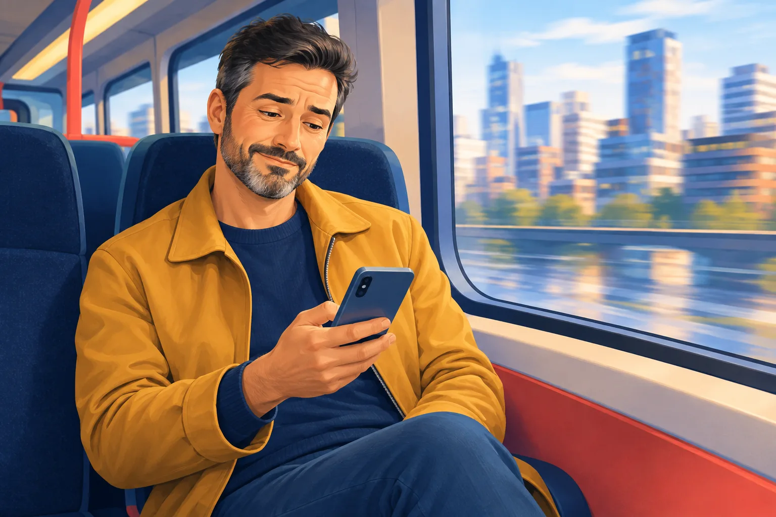 Man on a city train smiling wryly as he dismisses an unwanted video on his phone