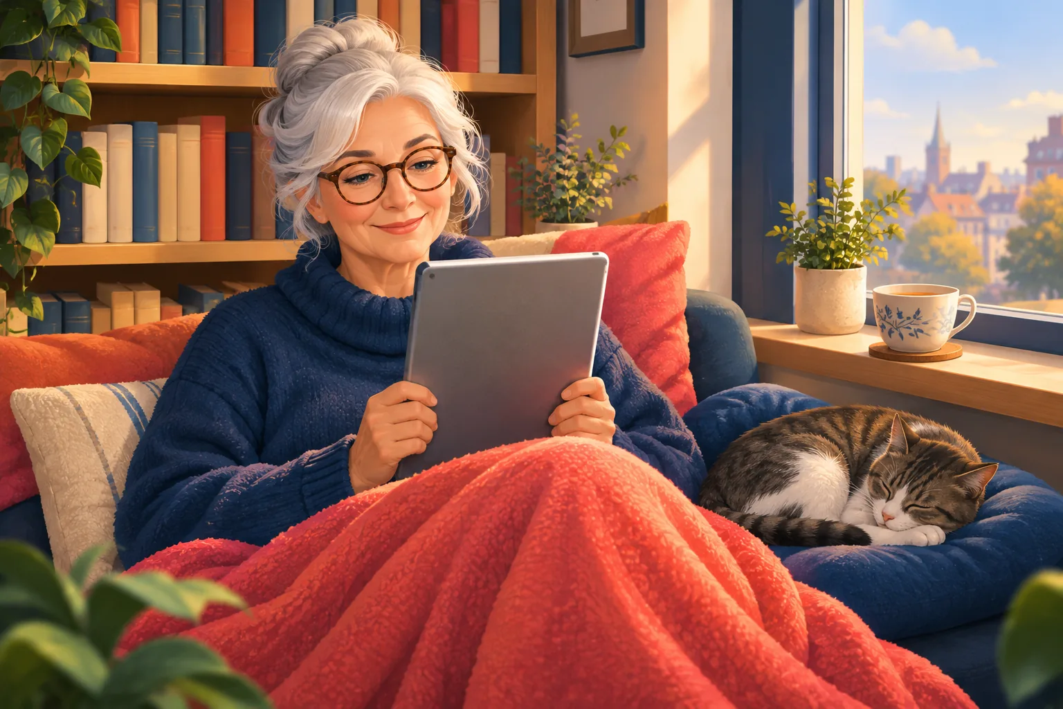 Older woman in a cozy reading nook calmly watching videos from a few chosen channels on her tablet