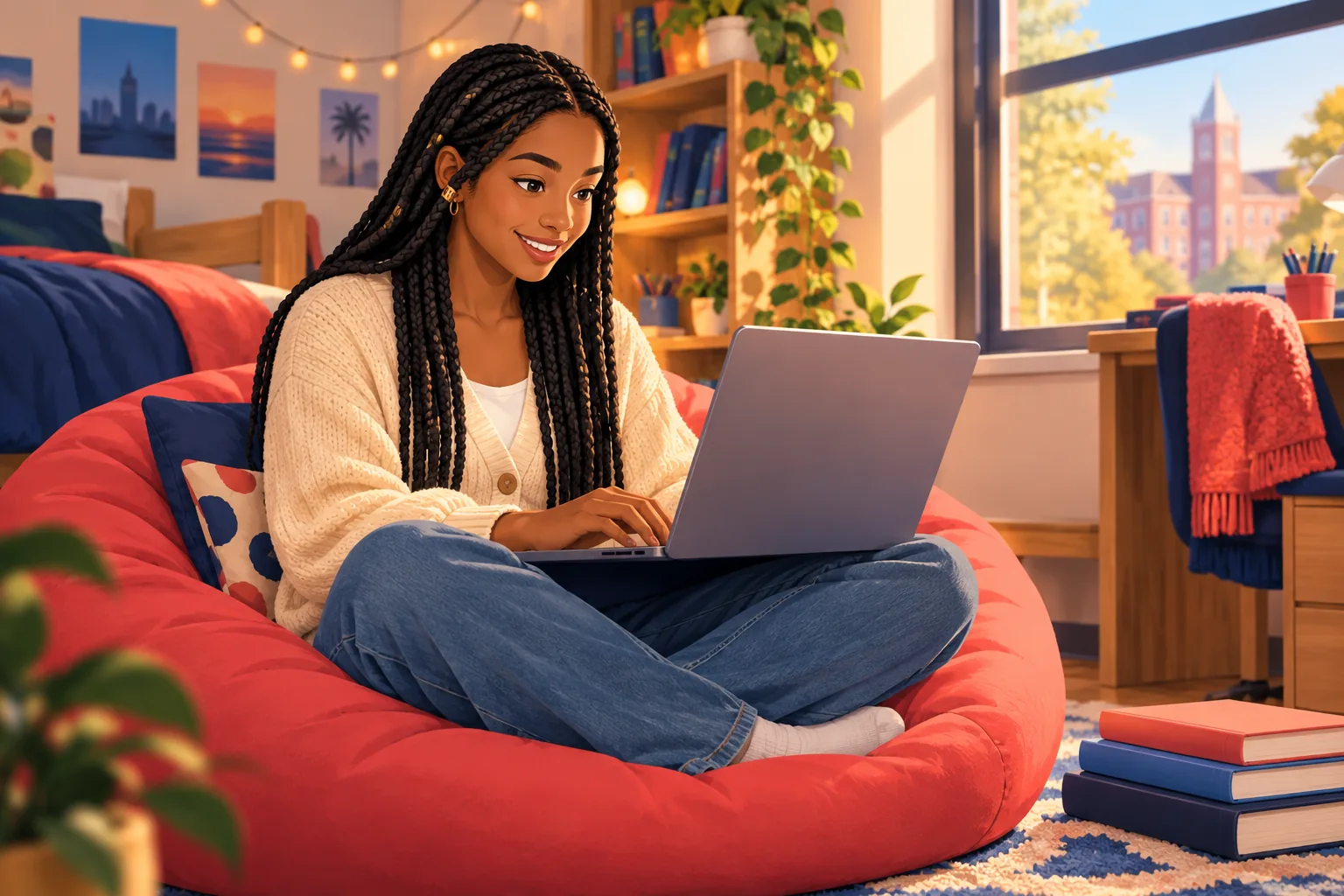 Young woman on a bean bag in her dorm room typing on her laptop with a curious smile