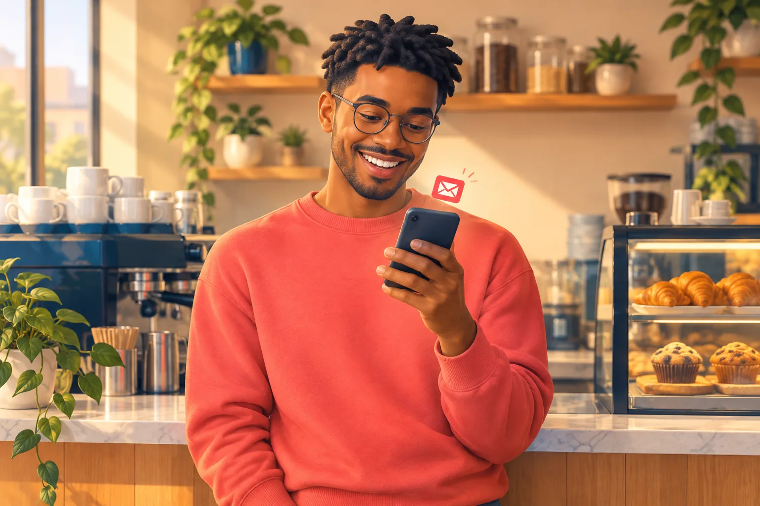 Man at a cafe counter grinning at an email saying a favorite creator just uploaded