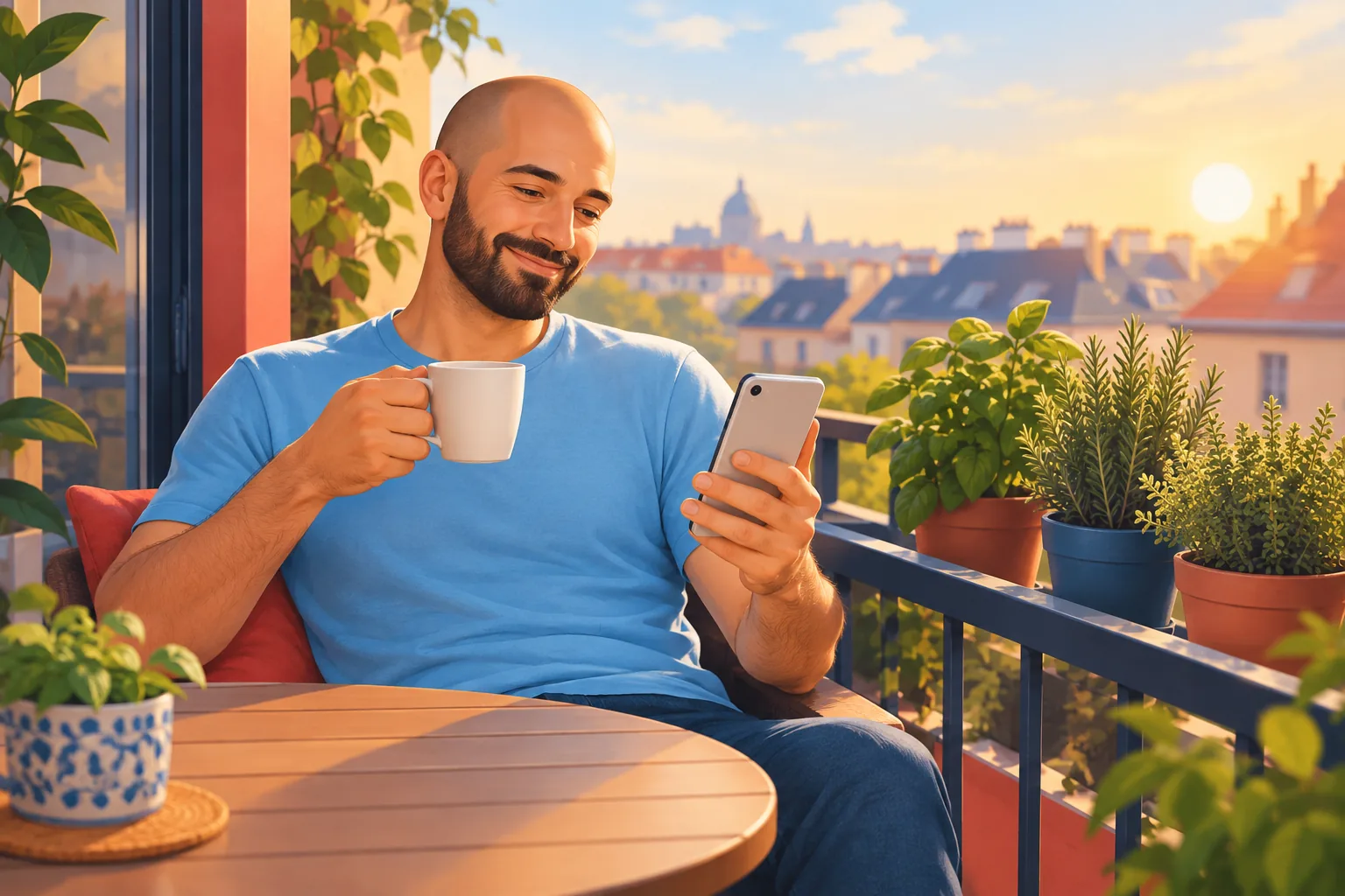 Man on a sunny balcony with coffee, smiling because his feed feels like his own again
