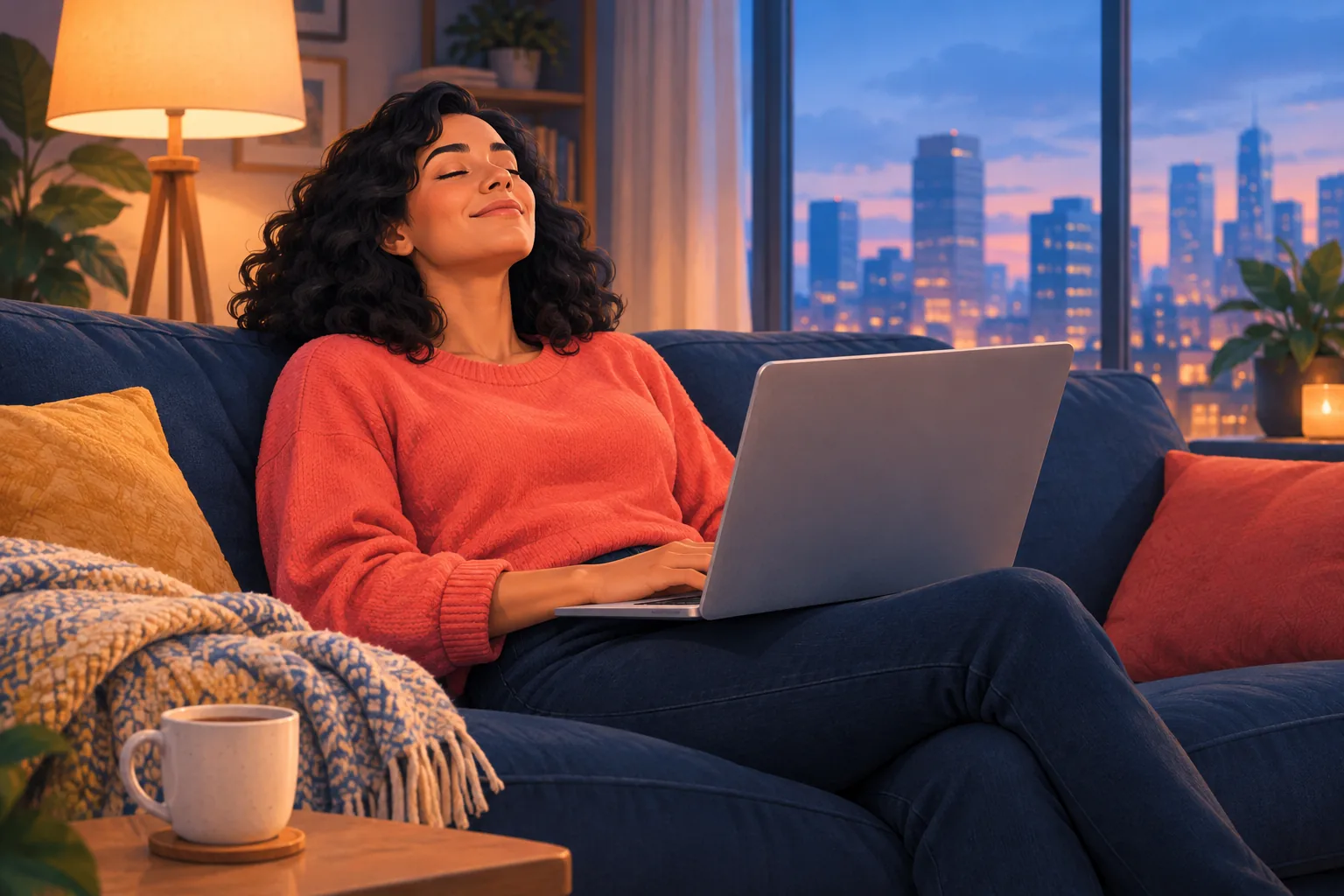 Woman on her sofa at dusk leaning back from her laptop with a relieved smile after wiping her cluttered video feed clean