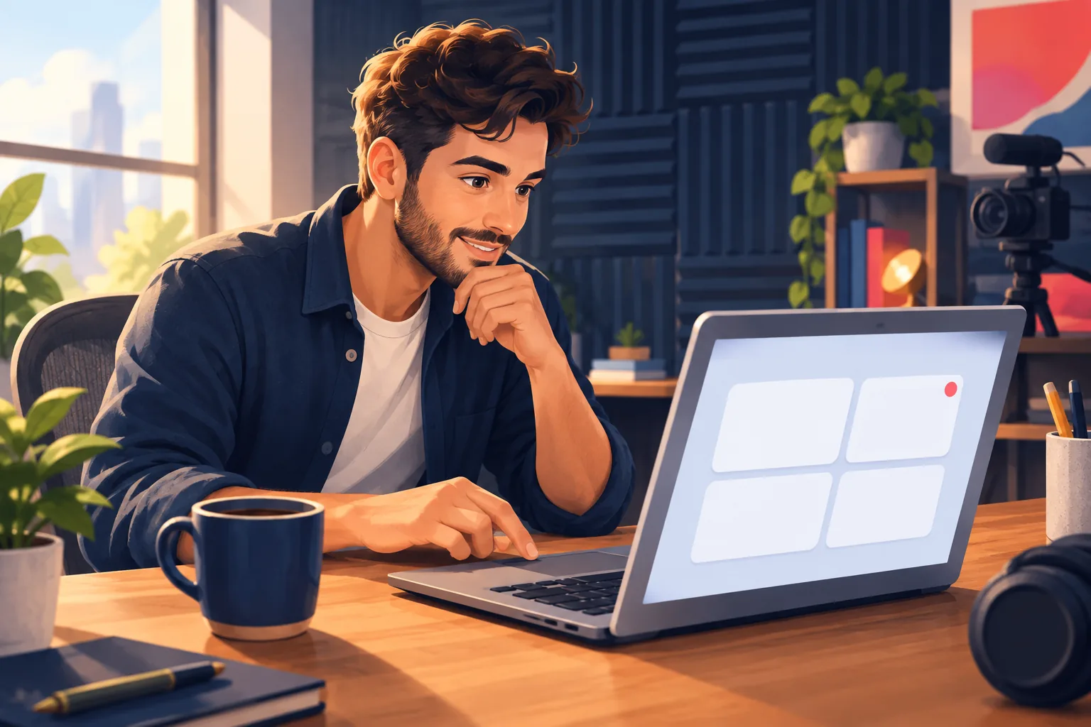 Creator at his laptop in a home studio clicking through YouTube Studio with a focused, hopeful expression