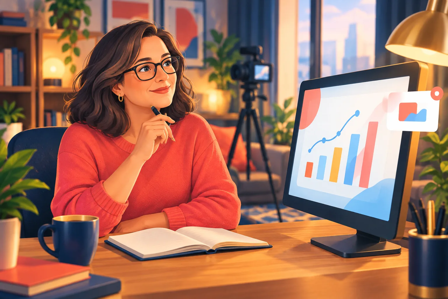 Creator reviewing charts on a large monitor in a cozy studio, pen in hand, nodding as patterns click into place