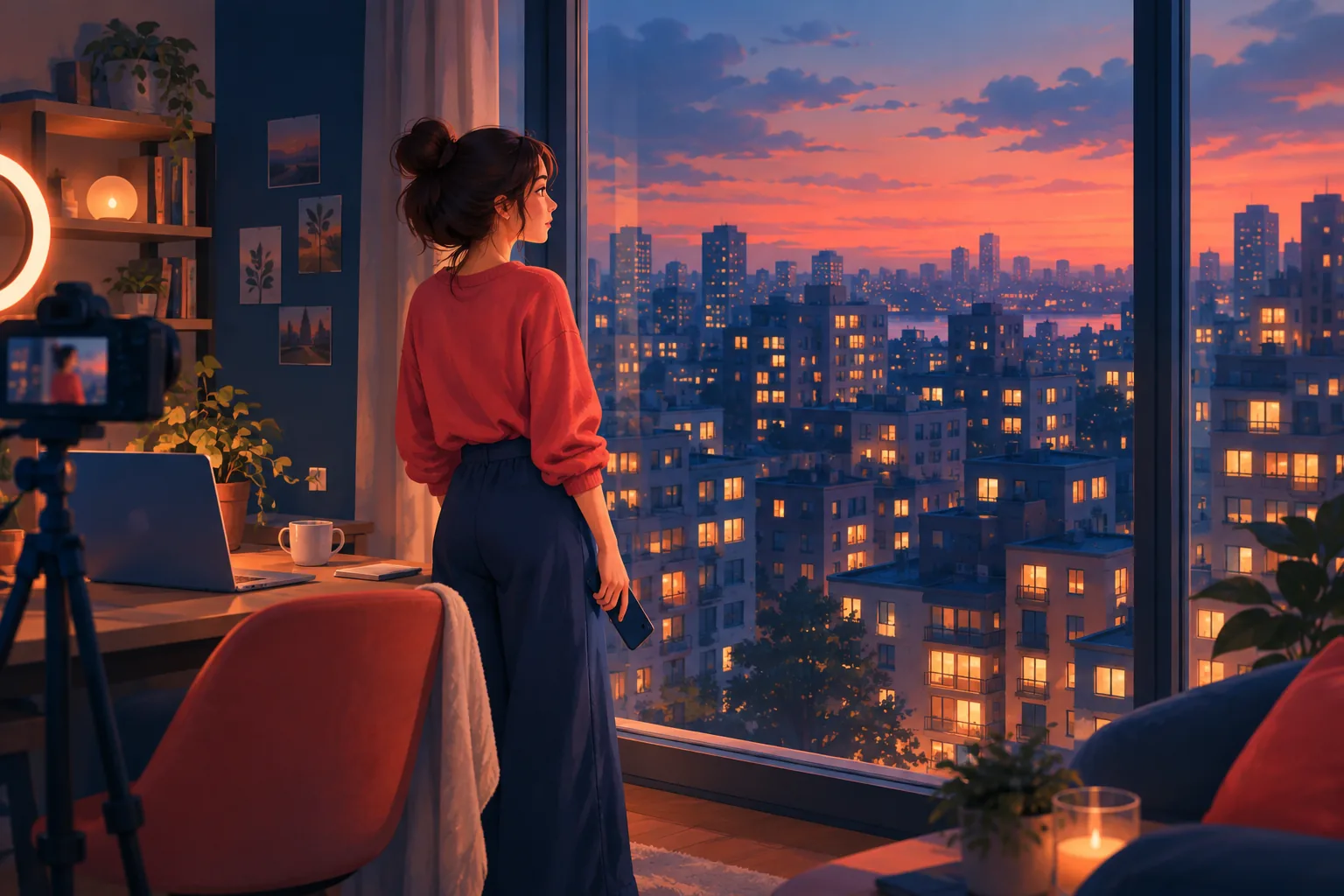Thoughtful creator by a window at dusk holding her phone, looking out over a city of lit apartment windows
