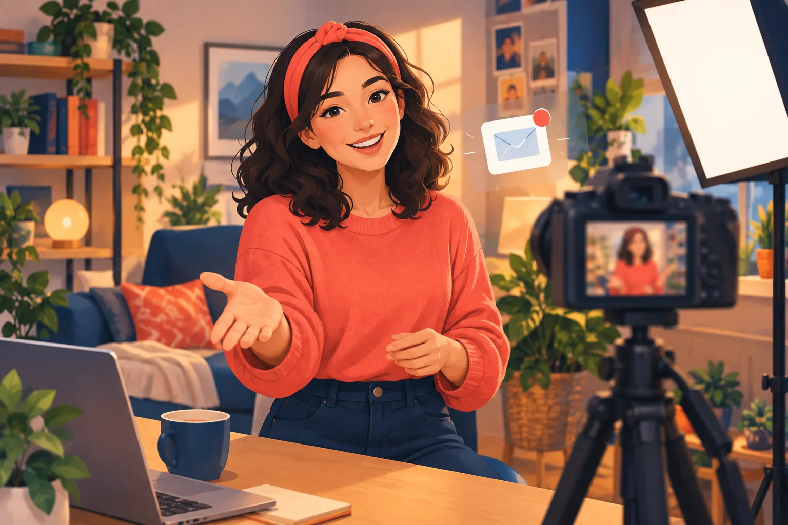 Smiling creator recording an outro in her filming corner, gesturing warmly toward the camera to invite viewers