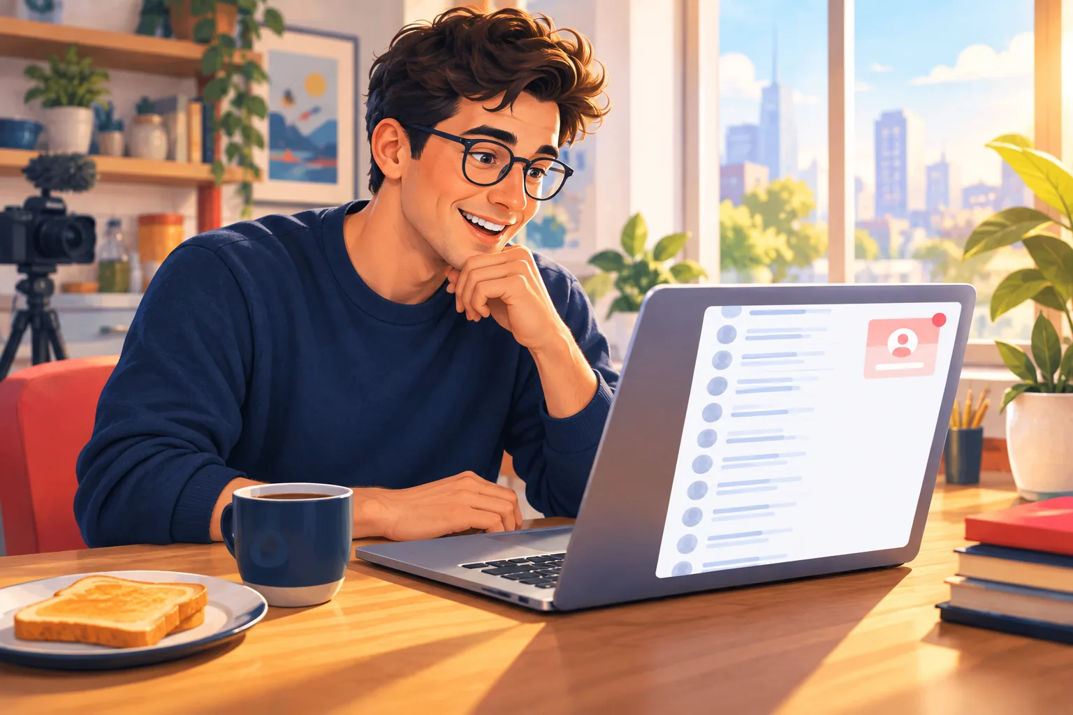 Happy creator at his kitchen table scrolling a long list on his laptop, recognizing familiar fans with a warm smile