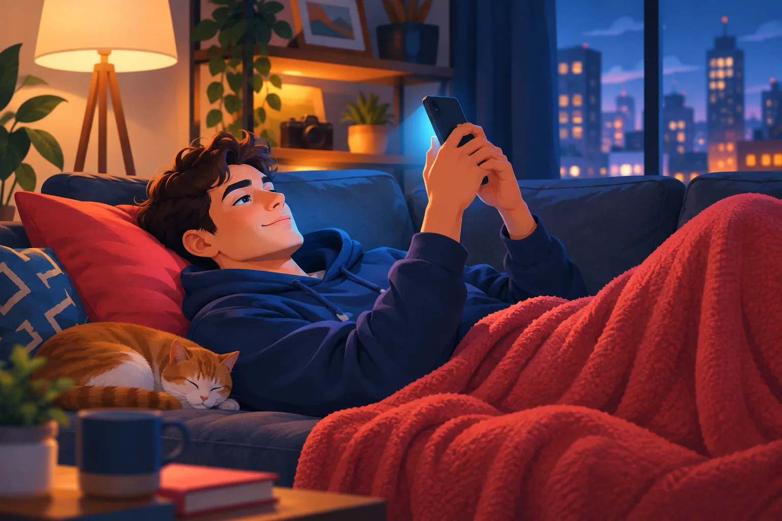 Young fan relaxing on his couch at night watching a favorite creator on his phone, quietly subscribed and unseen