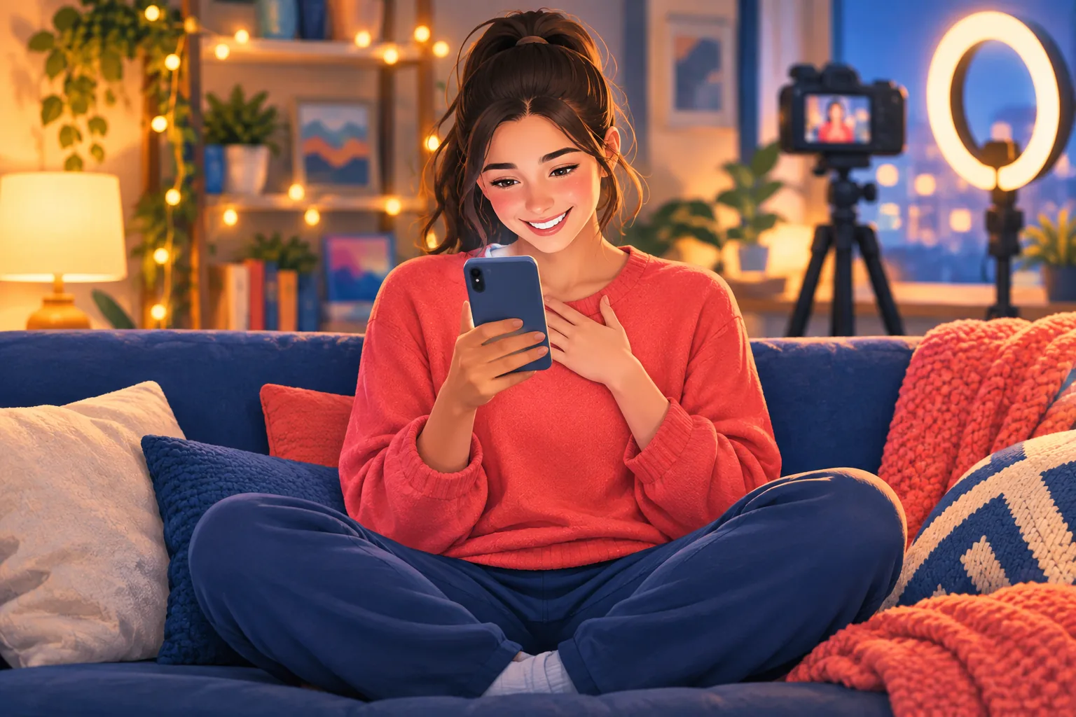 Grinning creator in her studio reading a kind reply from a fan on her phone, hand on heart
