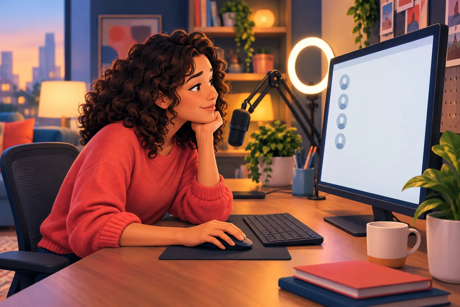 YouTube creator at her desk scrolling a short list of subscriber avatars, curious about the fans she cannot see
