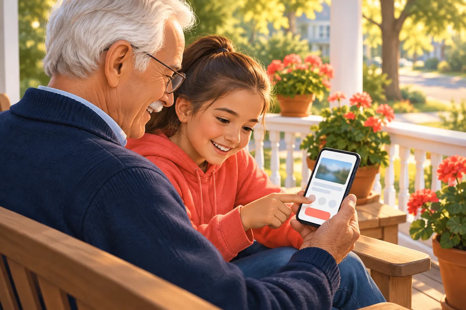 Grandfather on a porch bench smiling as his granddaughter points to the button below a video on his phone