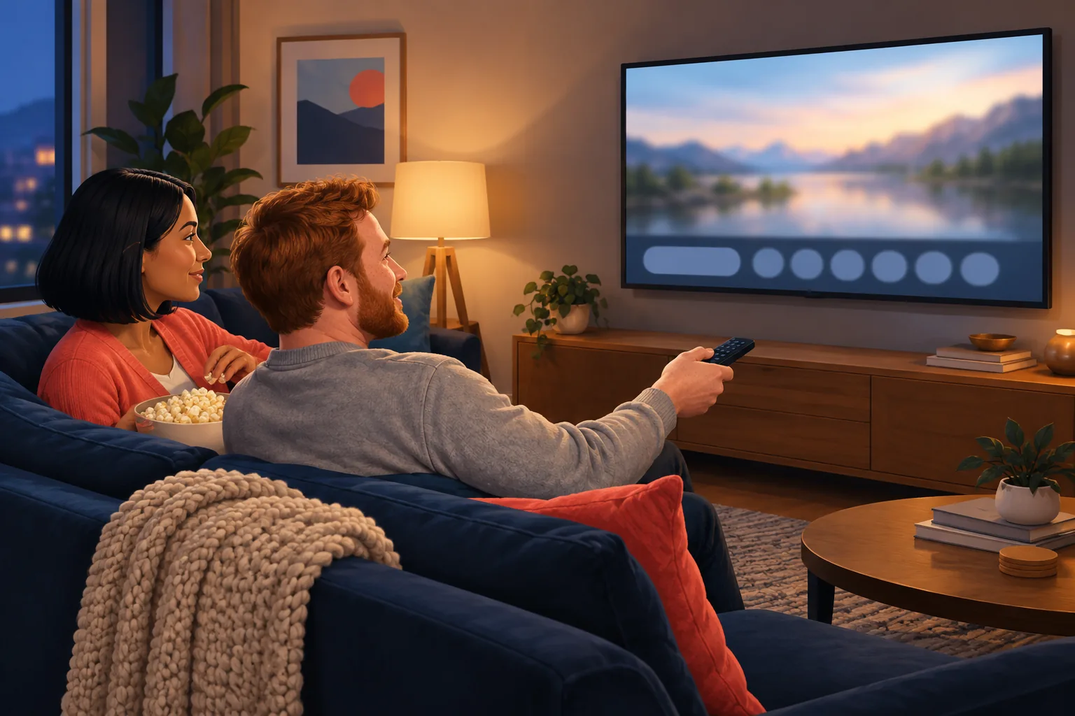 Couple on a sofa in a cozy evening living room, the man pointing a remote at a large TV while his partner smiles