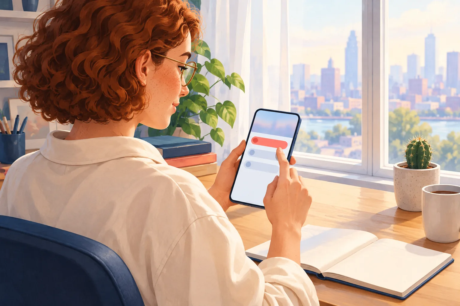 Young woman at a desk by a window choosing from a short menu of options on her phone, looking calm and decisive