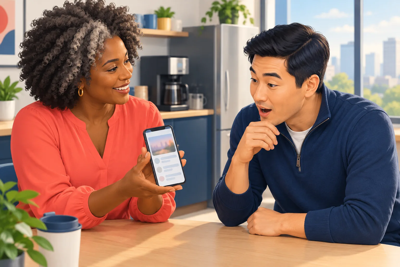 Man in an office break room looking surprised as a coworker shows him a video on her phone that he missed