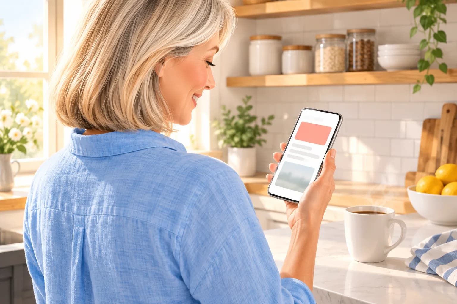 Woman in a sunny kitchen smiling at a new-upload email on her phone while her coffee steams beside her