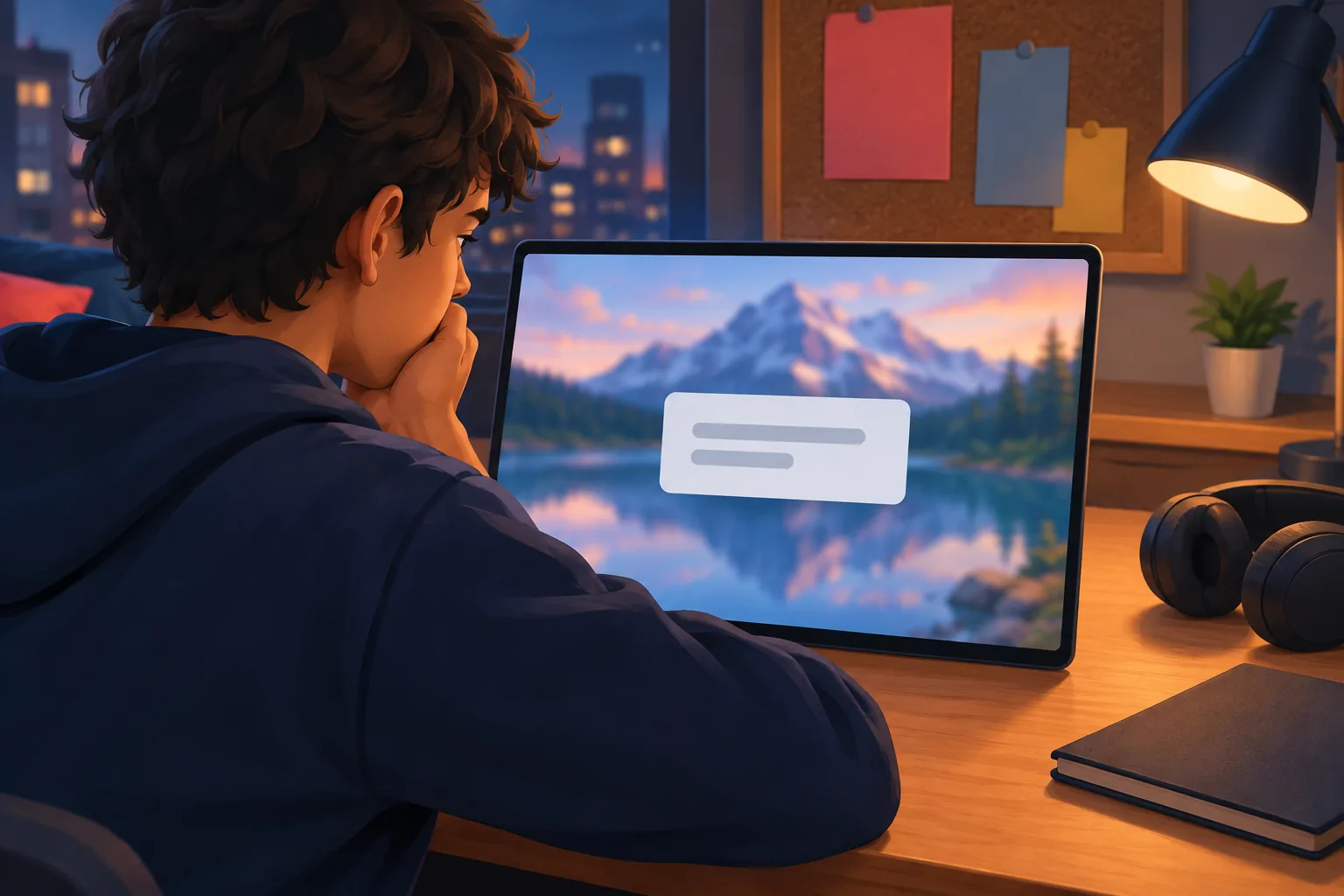 Teenage boy at a bedroom desk at night, chin on his hand, puzzled by a plain gray pop-up box on his screen