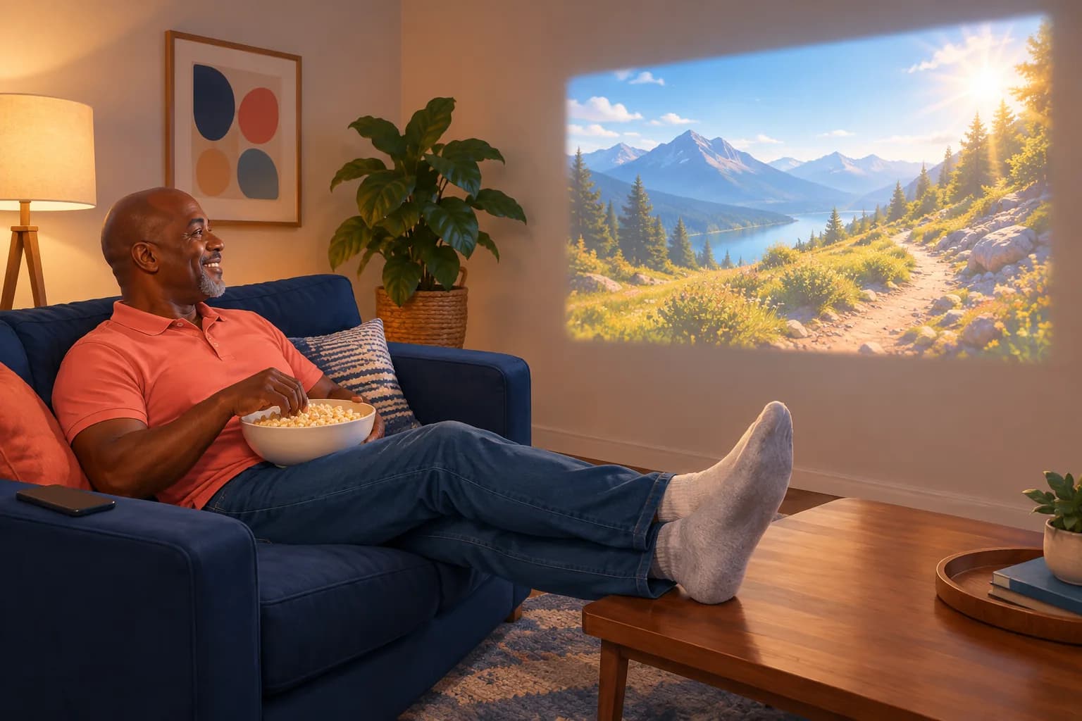 Man relaxing on a sofa with his feet up, smiling at a new video projected on his living-room wall