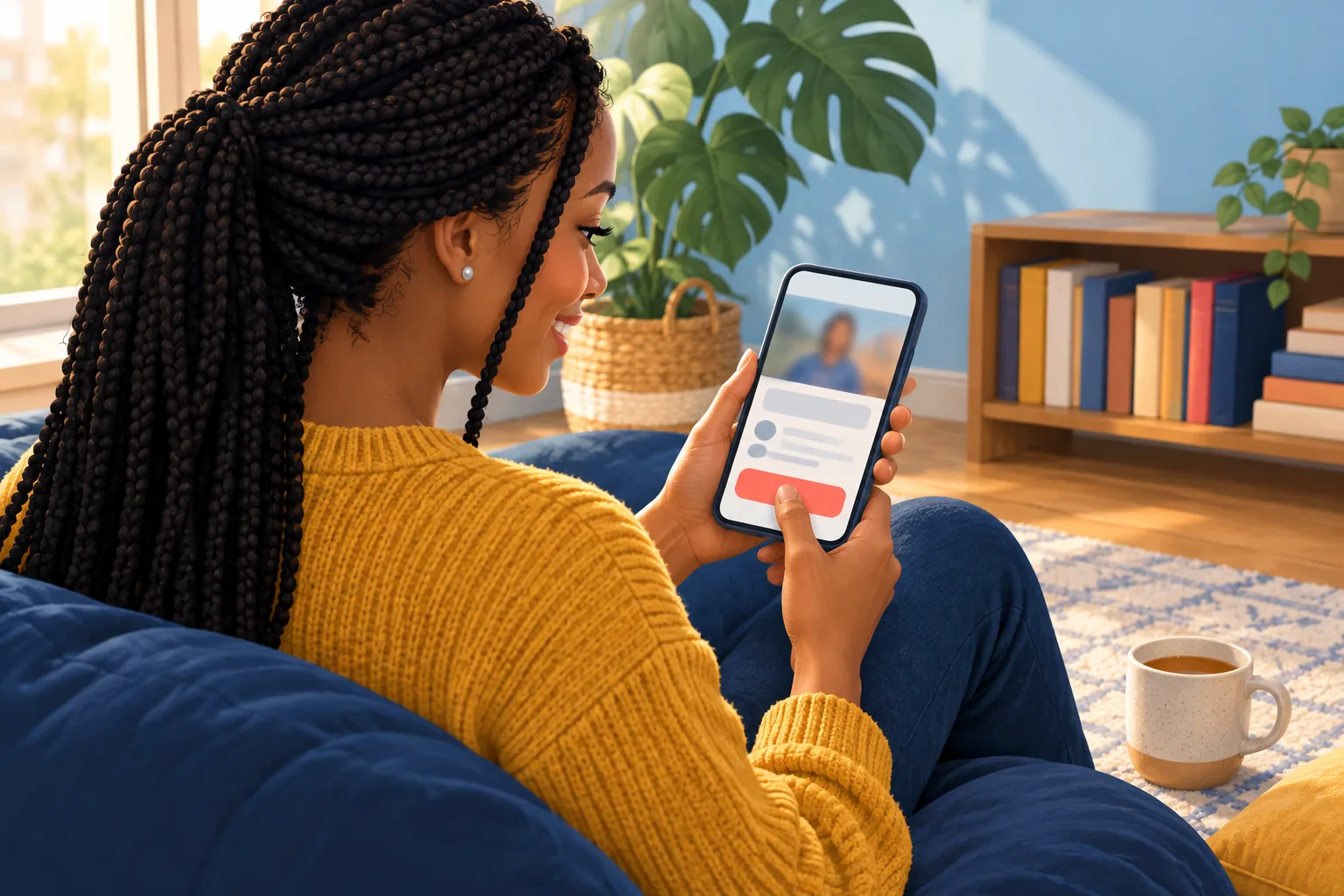 Smiling woman on a living-room floor cushion tapping the button below a video on her phone, a mug beside her