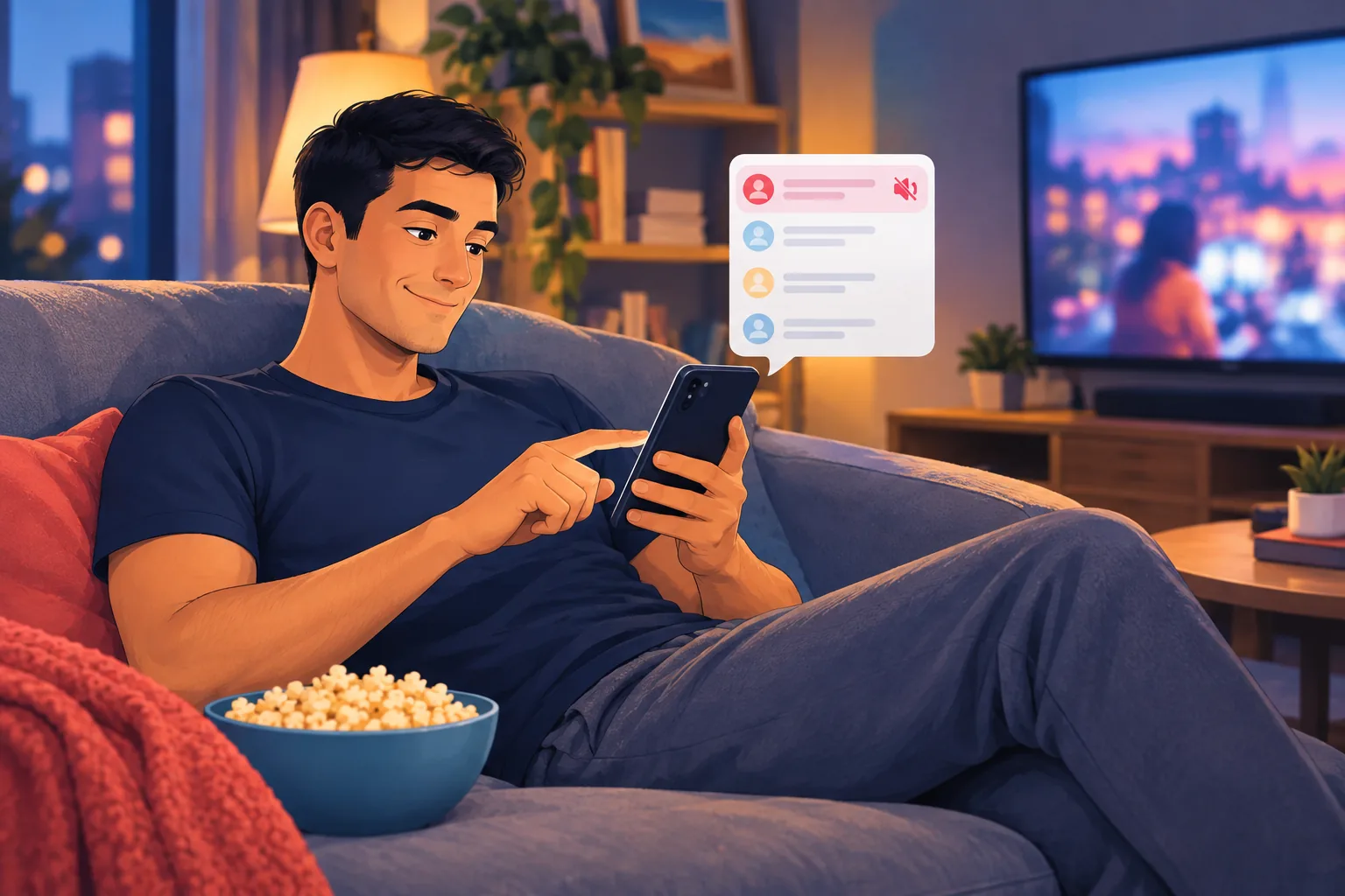 Man on a sofa with popcorn, tapping his phone with an amused, decisive look as he mutes one chatty channel